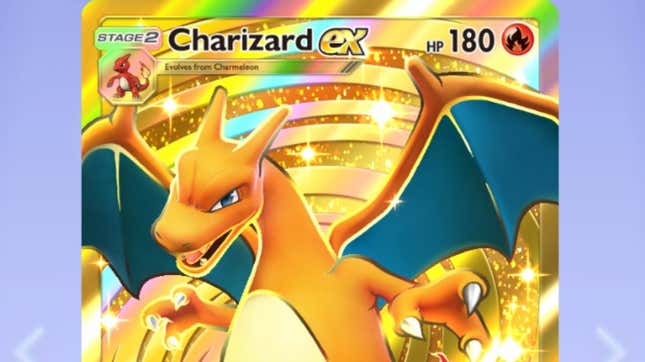 A Charizard Ex card is revealed in gold from a pack. 