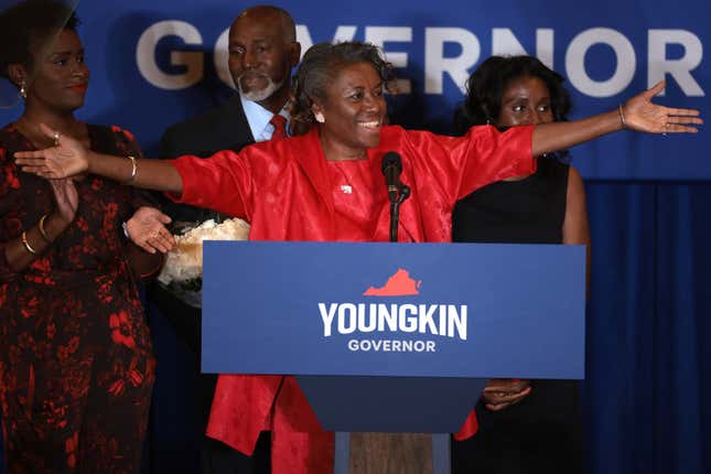 Virginia Republican candidate for lieutenant governor Winsome Sears takes the stage with her family during an election night rally at the Westfields Marriott Washington Dulles on November 02, 2021 in Chantilly, Virginia.