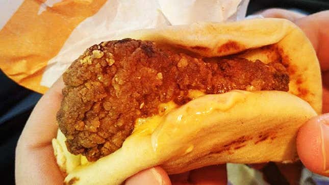 A close up photo of the new Taco Bell chicken sandwich taco.