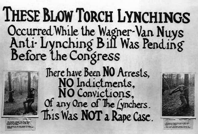 The poster, depicting lynched African Americans, which was seen on the Senate chamber’s walls and caused a spat between Senator Connally (D-Texas) and Senator Clark (D-Mo.) when the Senate reconvened on Nov. 19, 1937, for a resumption on the filibuster against the anti-lynching bill. “Protest,” the Texan finally roared, “against the Senate being made the sewer for the vaporings of the senator from Missouri,” after Clark had said he was responsible for the poster.