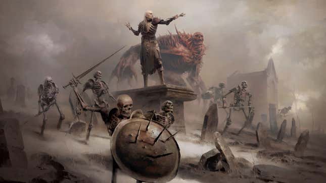 A sorcerer is depicted leading an army of the undead.