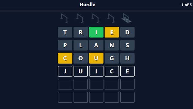 Hurdle, a Wordle clone, showing four guesses in the first round.