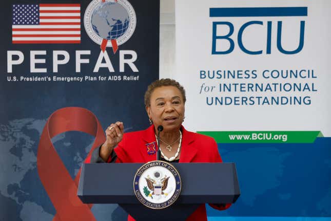 US Representative Barbara Lee (D-CA) delivers remarks to a World AIDS Day event hosted by the Business Council for International Understanding in Washington, DC, on December 2, 2022.