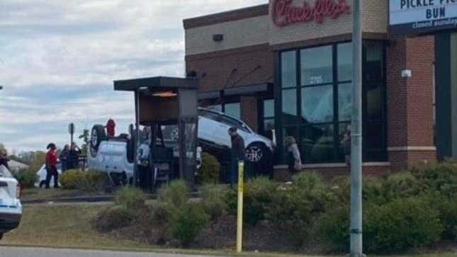 Upside down truck at Chick-fil-A drive-thru