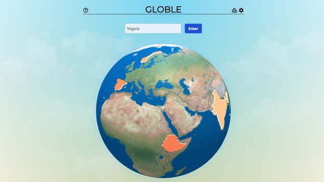 A screenshot of Globle, showing the planet with a few countries highlighted.