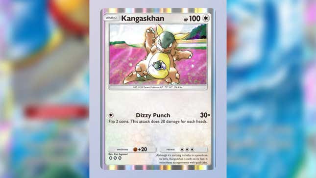 La tarjeta de Kangaskhan muestra a los Pokémon cargando a sus crías y preparándose.