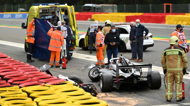 FIA race director Michael Masi inspects a W Series crash at Spa-Francorchamps.