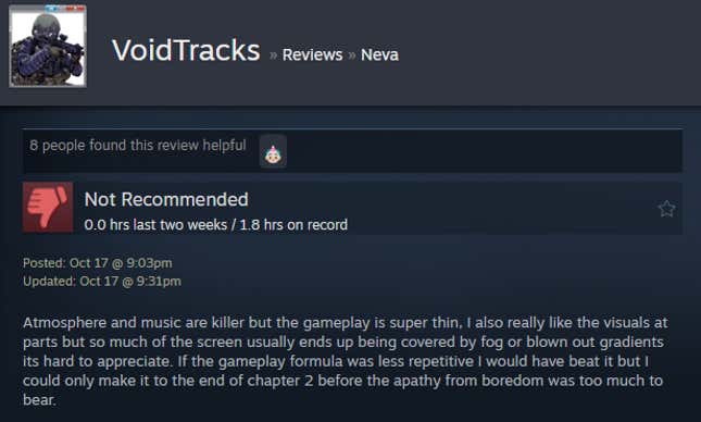 A screenshot shows a Steam user review from Neva.