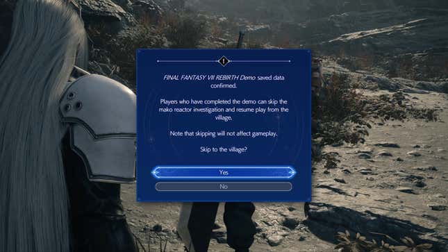 Une capture d'écran de Final Fantasy VII Rebirth montre une notification demandant au joueur de sauter une partie du jeu.