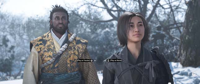 Une capture d’écran montre un choix entre jouer en tant que Yasuke ou Naoe.