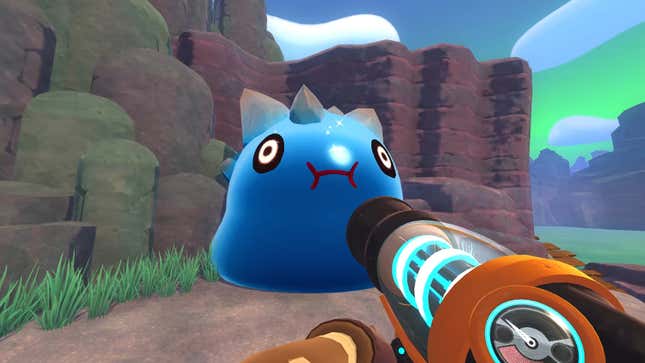 A blue slime looks shocked in the game Slime Rancher.