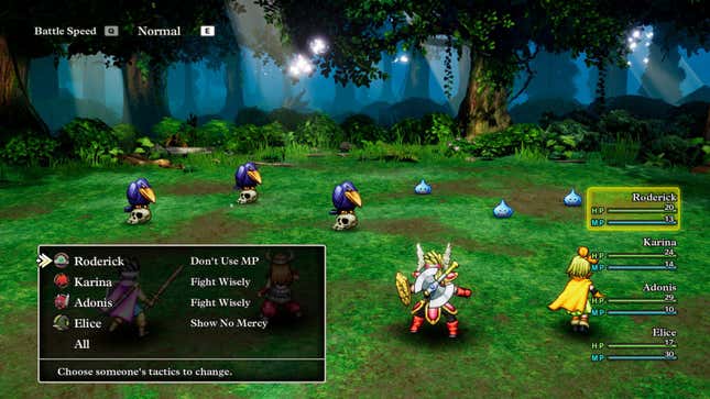 A screenshot of Dragon Quest III HD-2D. A battle screen is depicted, a menu is visible on the bottom left side of the screen that shows how each party member will act during their turn.