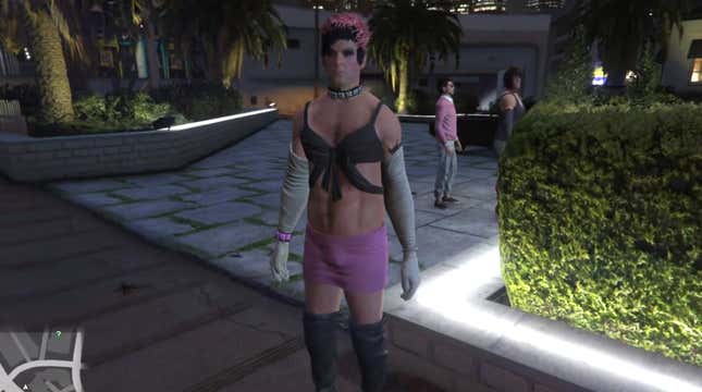An NPC in GTAV wearing a bustier and a purple skirt with a visible bulge