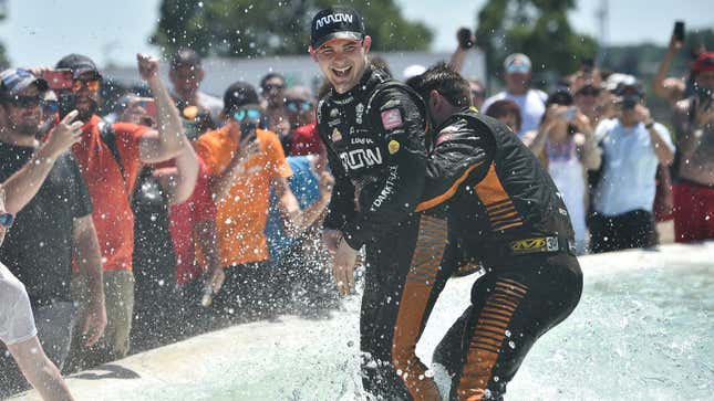 Pato O’Ward celebrating his second win of the 2021 season at the Detroit Grand Prix.