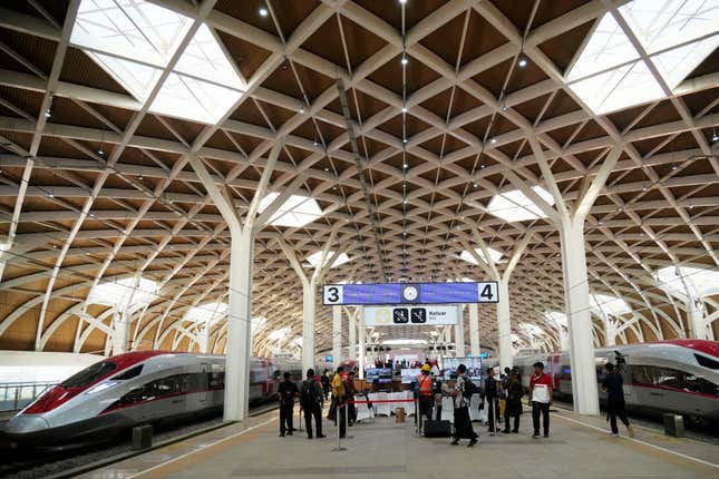 High-speed train is parked during the opening ceremony for launching Southeast Asia&#39;s first high-speed railway at Halim station in Jakarta, Indonesia, Monday, Oct. 2, 2023. Indonesian President Joko Widodo launched Southeast Asia&#39;s first high-speed railway that will start its commercial operations on Monday, a key project under China&#39;s Belt and Road infrastructure initiative that will cut travel time between two cities from the current three hours to about 40 minutes. (AP Photo/Achmad Ibrahim)