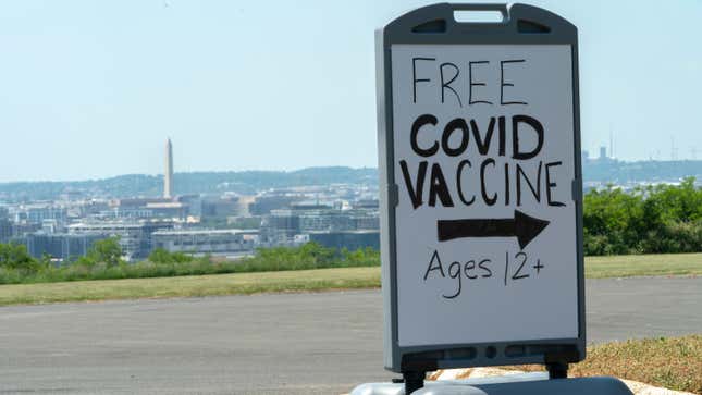 A sign advertising a free vaccine drive at a clinic held on May 19 outside the Washington School for Girls in southeast Washington. 
