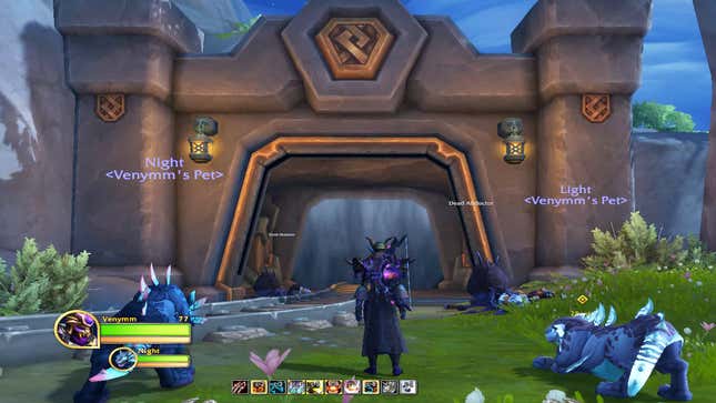 A WOW player stands outside a Delve, with two blue beasties.