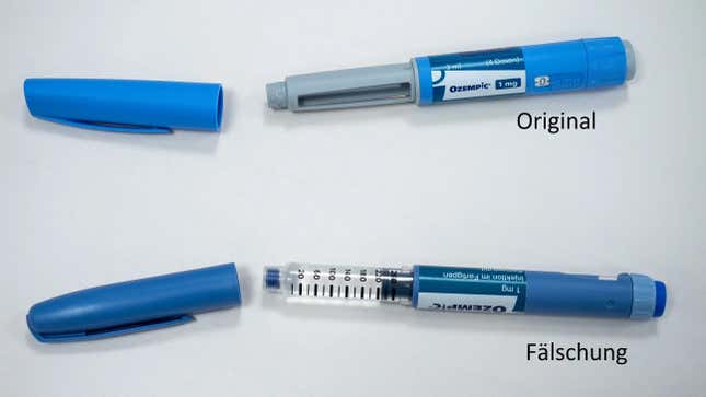 An example of the counterfeit Ozempic seized by Austrian health officials underneath genuine Ozempic. Both Ozempic and Wegovy are taken via injection pens.
