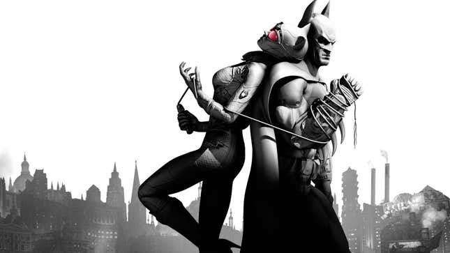 Batman and Catwoman stand back to back.