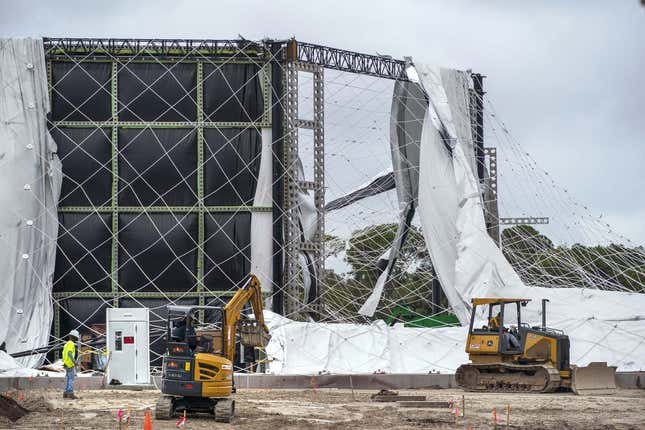 Nov 16, 2023; PALM BEACH GARDENS, FL, USA;  The air-supported dome for the future home of the TGL indoor golf league founded by Tiger Woods and Rory McIlroy  was damaged and deflated Tuesday night after a temporary power system outage at the site. There were no injuries, and no technology was damaged in Palm Beach Gardens, Florida.at .