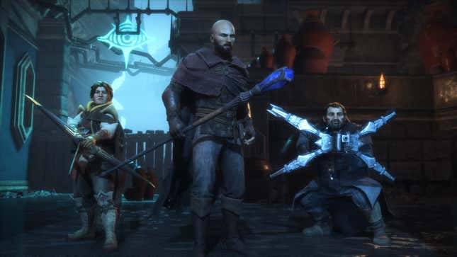 Harding, Rook, and Varric hold their weapons.