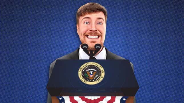 An image shows MrBeast behind a cartoon podium. 