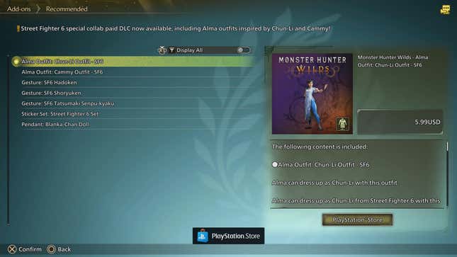 The Add-on screen, highlighting Alma’s Chun-Li Outfit.