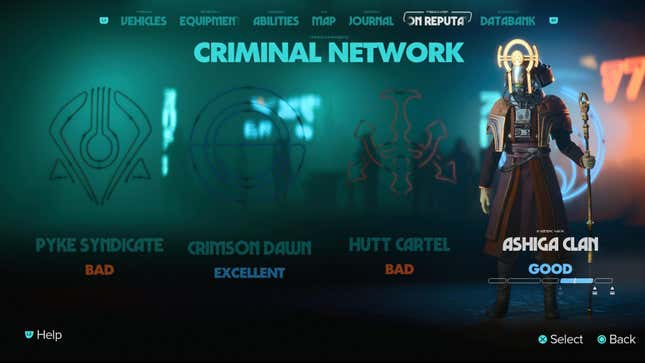 The Ashiga Criminal Network screen.