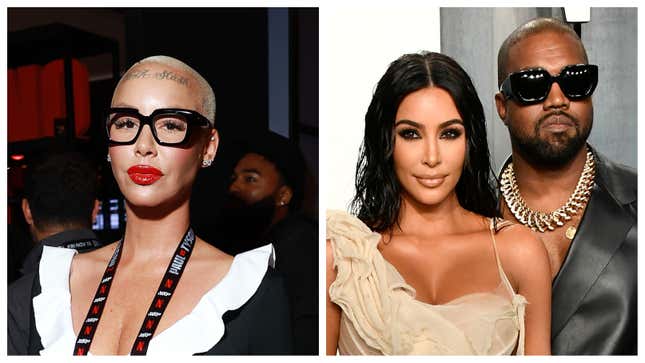 Amber Rose, left; Kim Kardashian and Kanye West.