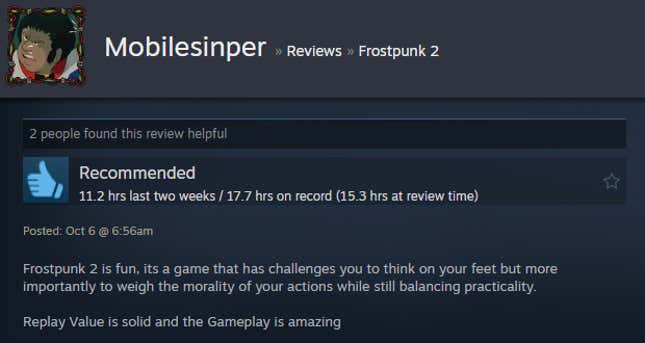 Image for article titled Frozen City Builder Frostpunk 2, As Told By Steam Reviews