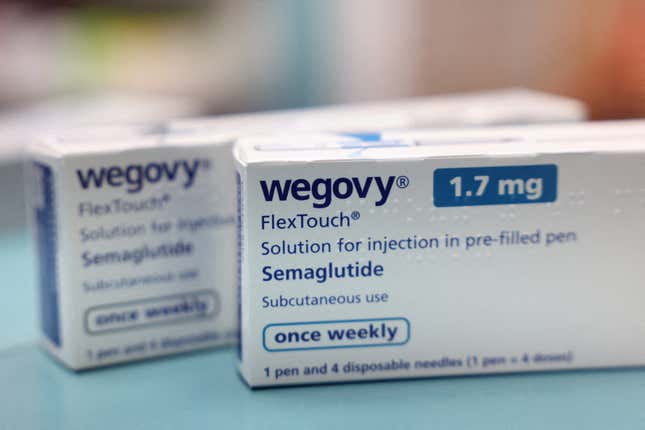 A pharmacy displays boxes of Wegovy, made by Novo Nordisk.