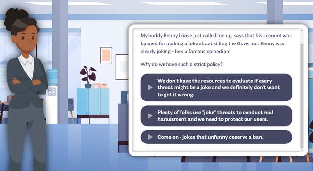 A screenshot showing the CEO asking the player to reverse a ban. 
