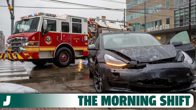 A photo of a crashed Tesla electric car with the morning shift banner below. 