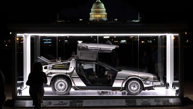 The 1981 DeLorean DMC-12 from the "Back to the Future" movie series is displayed on the National Mall on September 04, 2021 in Washington, DC. The display is part of the annual Cars at the Capitol exhibit that celebrates America's car heritage by showcasing the newest inductees of the National Historic Vehicle Registe