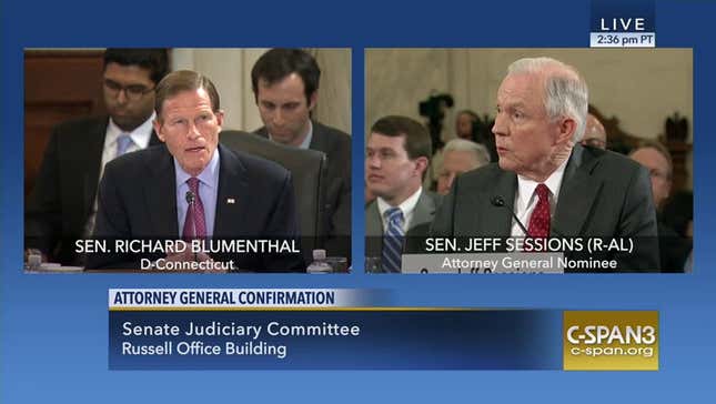 Watch Sen. Blumenthal Straight Up Ask Jeff Sessions If He's Ever Been Honored by the KKK