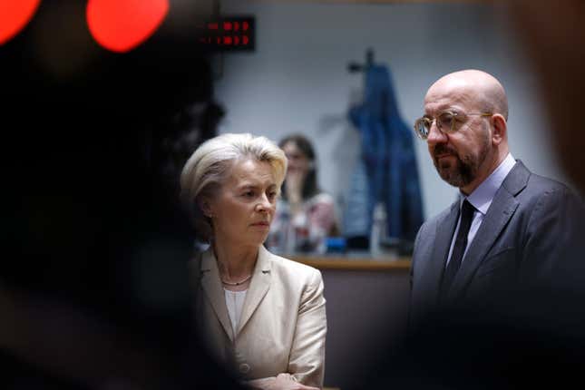 European Commission President Ursula von der Leyen, left, speaks with European Council President Charles Michel during a round table meeting during an EU summit in Brussels, Friday, Oct. 27, 2023. European Union leaders conclude a second day of meetings on Friday in which they will discuss, among other issues, migration. (AP Photo/Omar Havana)