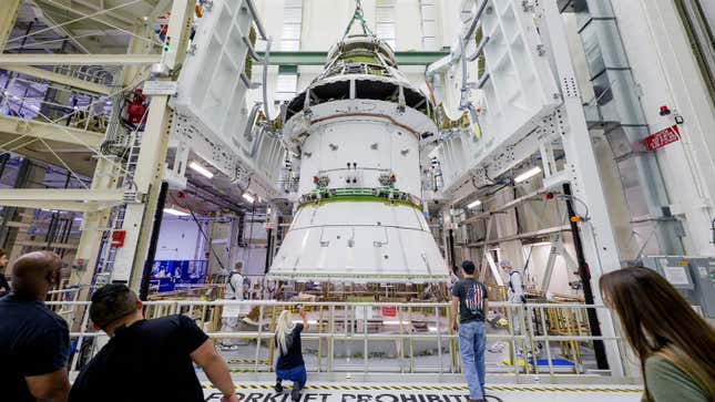 A photo of the Orion spacecraft at a NASA facility. 