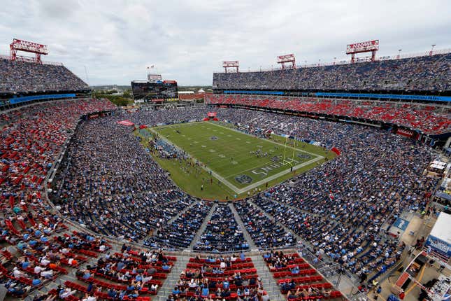 FILE - The Tennessee Titans play an NFL football game against the Houston Texans at Nissan Stadium in Nashville, Tenn., Sept. 16, 2018. Proposals for new and improved sports stadiums are proliferating across the U.S. — and could come with a hefty price tag for taxpayers. The Titans new $2.1 billion domed stadium includes $760 million in local bonds the Nashville City Council approved to go with $500 million in state bonds.(AP Photo/James Kenney, File)