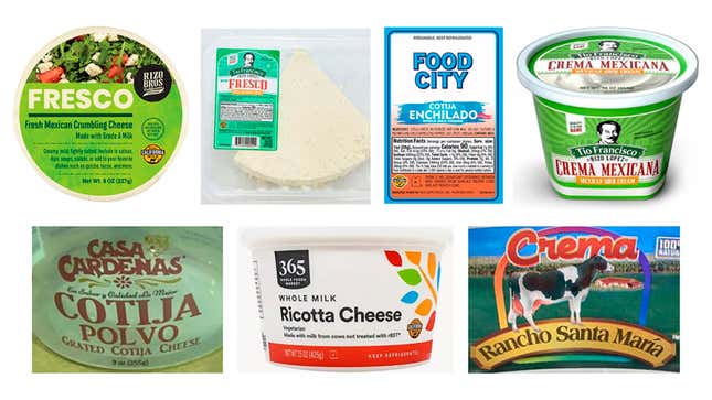 This image provided by the U.S. Centers for Disease Control and Prevention on Tuesday, Feb. 6, 2024 shows brands of cheese recalled due to a decade-long outbreak of listeria food poisoning that killed two people and sickened more than two dozen. More foods are being recalled in the wake of a deadly outbreak of listeria food poisoning. They include snack foods that may be part of Super Bowl Sunday party menus. Seven-layer bean dip, chicken enchiladas, cilantro salad dressing and taco kits sold at stores including Costco, Trader Joe’s and Albertson’s are part of the growing recalls of products made by Rizo Lopez Foods, Inc., of Modesto, California, federal health officials announced on Thursday, Feb. 8, 2024. (CDC via AP)