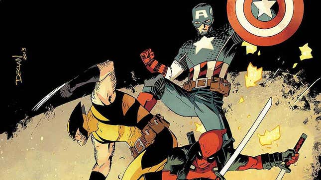 Deadpool, Wolverine, and Captain America stand in a group shot