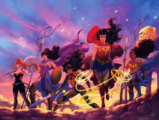 Wonder Woman and her Amazons, standing on a field with their weapons ready. 