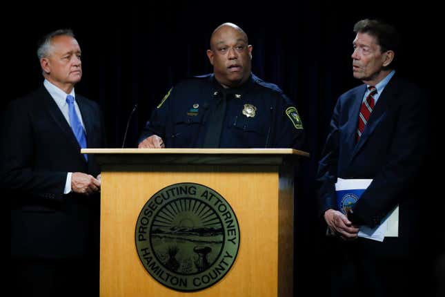 Cincinnati Police Chief Eliot Isaac, center, speaks alongside Hamilton County Prosecutor Joseph Deters, left, and Franklin County Prosecutor Ron O’Brien, right, during a news conference to discuss cases linked to Samuel Little, Friday, June 7, 2019, in Columbus. Prosecutors have linked Little to the 1981 slaying of Anna Stewart, abducted in Cincinnati. Her body was dumped near Columbus.