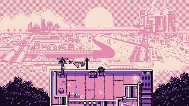 Pink art shows an 8-bit world. 