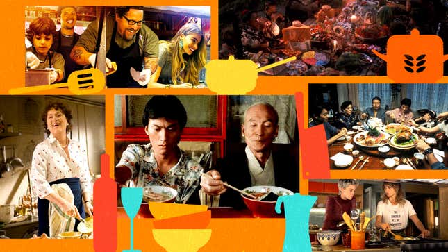 Clockwise from bottom left: Julie &amp; Julia (Photo: Columbia Pictures); Chef (Photo: Open Road Films); Hook (Photo: TriStar Pictures); Eat Drink Man Woman (Photo:vThe Samuel Goldwyn Company);  Parallel Mothers (Photo: Sony Pictures Classics); Tampopo (Photo: Film Forum)