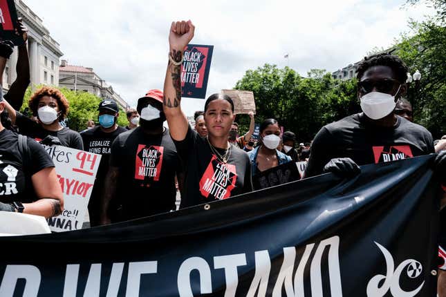 Natasha Cloud marches to the MLK Memorial to support Black Lives Matter and to mark the liberation of slavery on June 19, 2020, in Washington, DC. 