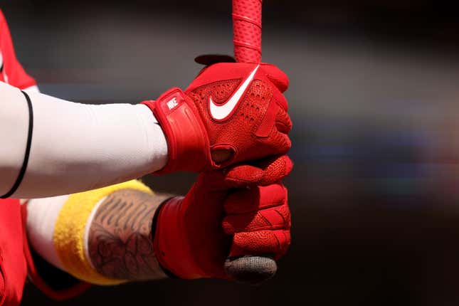 The Nike batting gloves worn by Jonathan India #6 of the Cincinnati Reds.