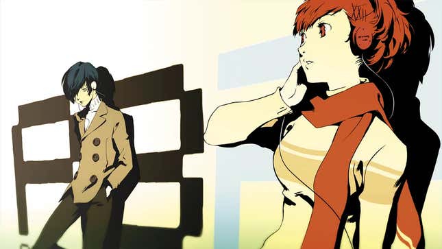 A promotional image of Persona 3, depicting the game's two protagonists leaning against a wall with the game's logo.