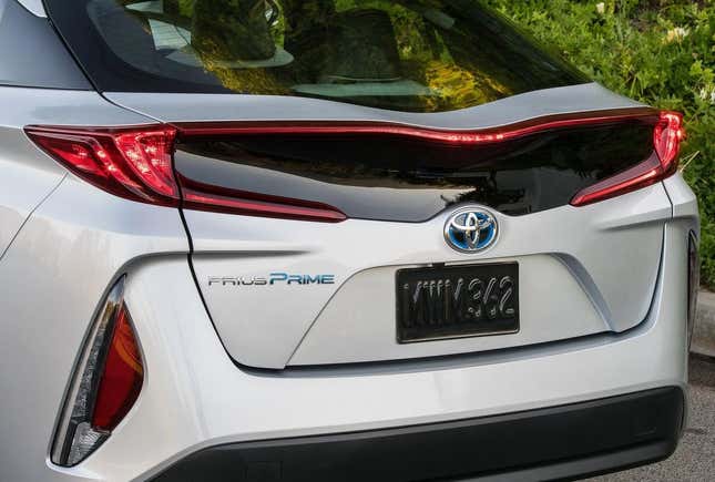 The rear of a silver '19 Prius Prime