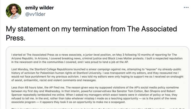 Image for article titled The Journalist Fired by the AP for Supporting Palestine Says She 'Will Not Be Intimidated Into Silence'