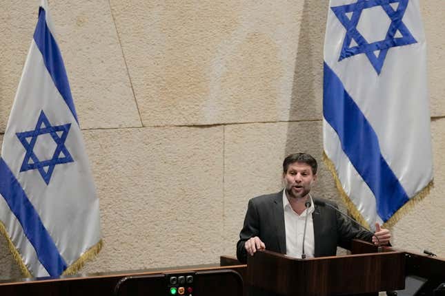 FILE - Bezalel Smotrich, Israeli Minister of Finance, addresses the parliament in Jerusalem, March 27, 2023. Israel&#39;s finance minister has slammed a decision by the financial ratings agency Moody’s to downgrade Israel’s credit rating. Bezalel Smotrich says the decision “did not include serious economic claims.” In its announcement Friday, Feb. 9, 2024, Moody&#39;s warned that the ongoing war in Gaza and a possible war in the north with Hezbollah could adversely affect Israel’s economy. (AP Photo/Maya Alerruzzo, file)